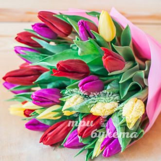 Букет из 27 разноцветных тюльпанов