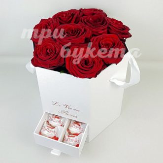 9 роз с «Raffaello» в шляпной коробке